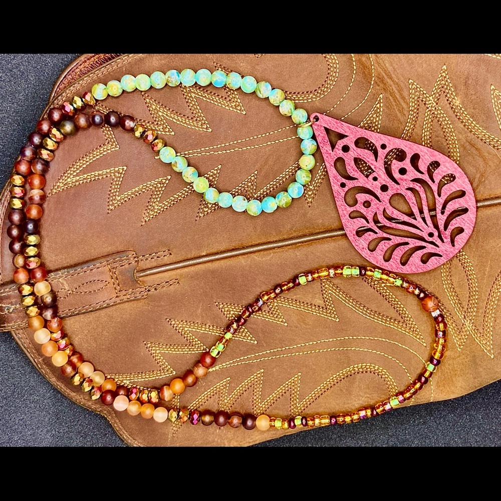Handmade Wood and bead necklace. Long and beautiful!
